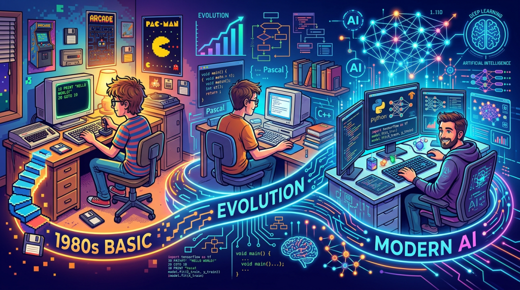 Three programmers at desks using computers representing 1980s BASIC, Pascal, and modern AI programming stages
