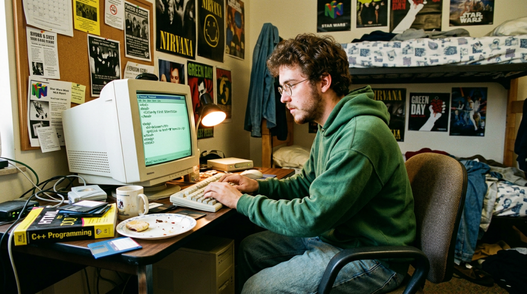 Young man typing code on old CRT computer in dorm room with band posters